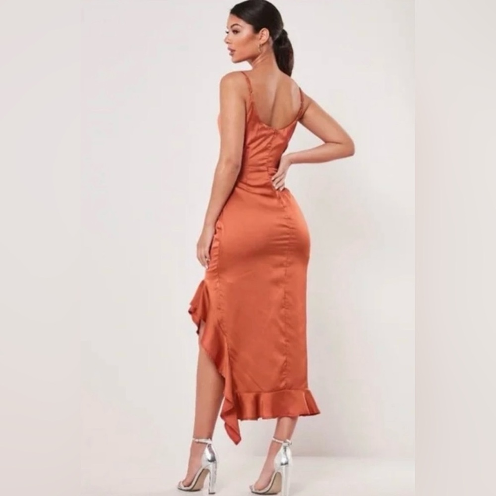 Missguided Satin Ruffle Burnt Orange Dress - Picture 2 of 4